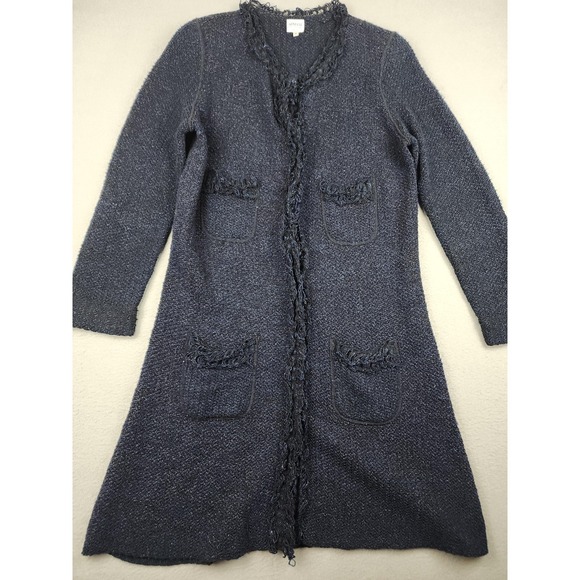 Armani Collezioni Sweaters - Armani Collezioni Cardigan Sweater Womens 10 Blue Boucle Knit Fringe Pockets